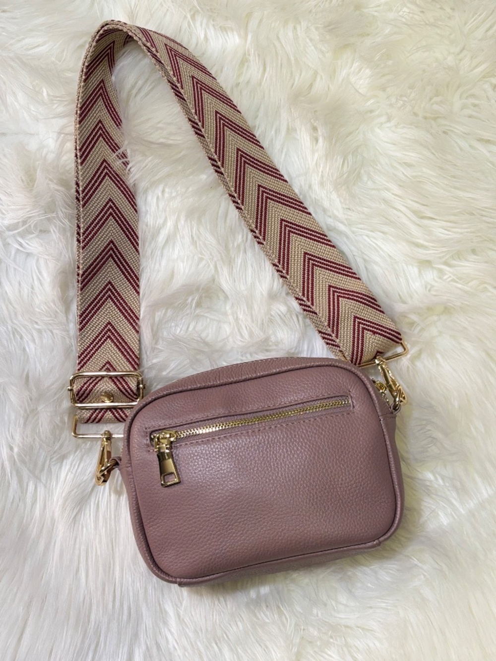 NWOT [Pom Pom · London] Leather Tan & Gold Chevron Crossbody Bag | Mauve Purse - Picture 4 of 16